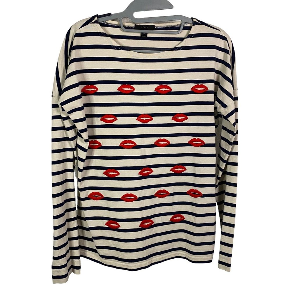 J.‎ Crew White & Blue Striped Long Sleeve Shirt Embroidered Lips Kisses Size XS